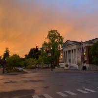 City Hall with orange sunset behind
