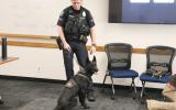 K9 Mazikeen, a medium sized black dog, and her handler visit CPD101 clas