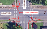 Map indicating curb extensions for the intersection of Grant Ave & Highland Dr. 