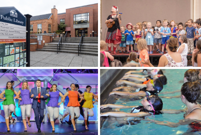 Library, theater, and swimming pool on a photo collage