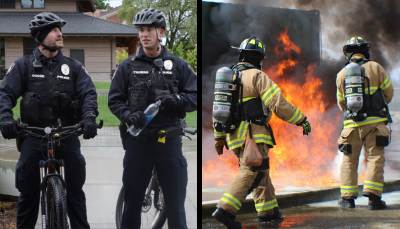 Police officers and firefighters in a photo collage