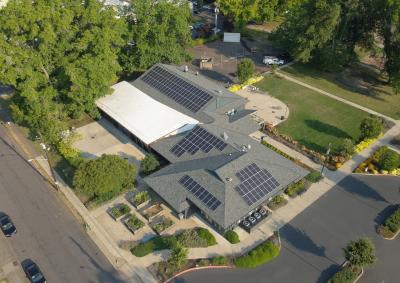 Overhead view of Corvallis Community Center showing newly installed solar panels.