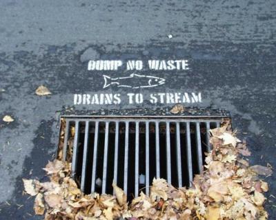 Storm drain with "dump no waste" stamp next to it