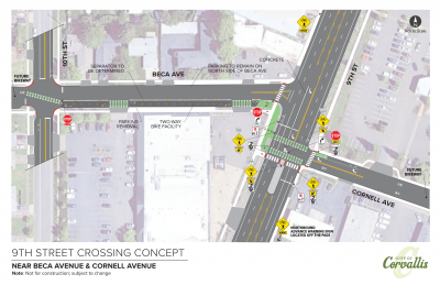Aerial view of 9th Street crossing map