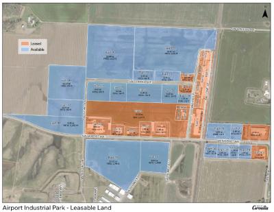 Satellite view map showing leasing properties of the Corvallis Municipal Airport and Industrial Park.