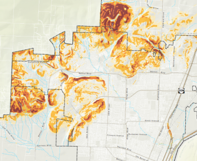 Map of hillsides and slopes in Corvallis