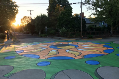 Corvallis' first painted intersection was installed in 2017 at the intersection of 11th Street and Taylor Avenue.