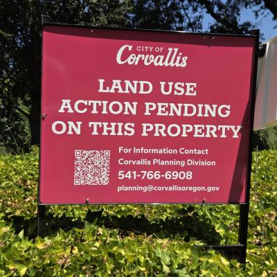 Corvallis land use public notice sign photo of Corvallis land use action sign
