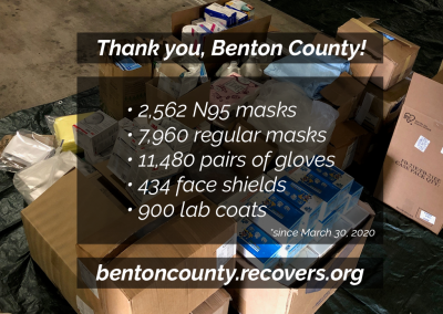 Pile of donations with statistics superimposed on a black background