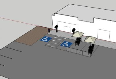 Graphic showing a parking lot with spaces turned into outdoor dining and seating.