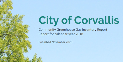 Greenhouse gas inventory headline on a blue sky with green tree branches on the left