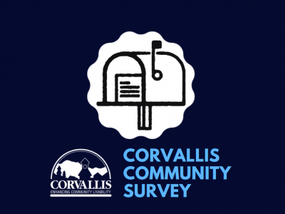 Mailbox graphic on a dark blue background with the words "Corvallis Community Survey"