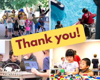 Collage of photos featuring kids at summer camp, swimming pool, and at the library, with "THANK YOU" over the top