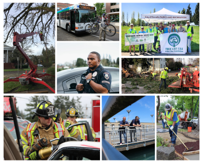 Collage of photos featuring city workers, firefighters and police officers.