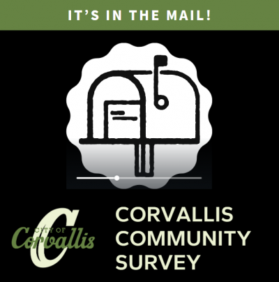 Community survey graphic featuring the green city logo and a black and white pencil drawing of a mailbox.