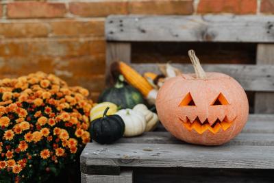 Orange jack-o-lantern sitting on a wooden park bench next to some gourds.