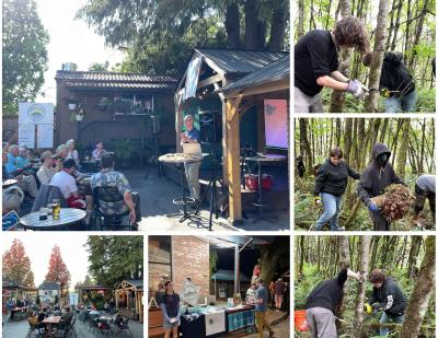 Photo collage: Photos on left are of a community gathering. Photos on the right are of students working in the forest.