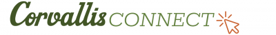 Corvallis connect logo with green script and an orange mouse pointer