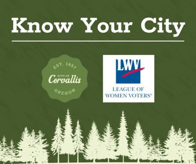Decorative graphic with the words "Know Your City" and logos for the City of Corvallis and League of Women Voters