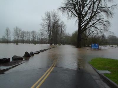 Flooding covering the road at a city park