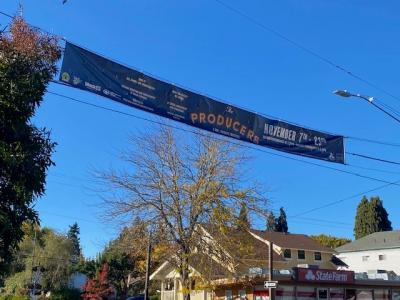 Large banner hanging over street