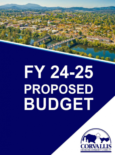 FY24 Proposed Budget with photo encompassing the Willamette River, Marys Peak, and the verdant City of Corvallis