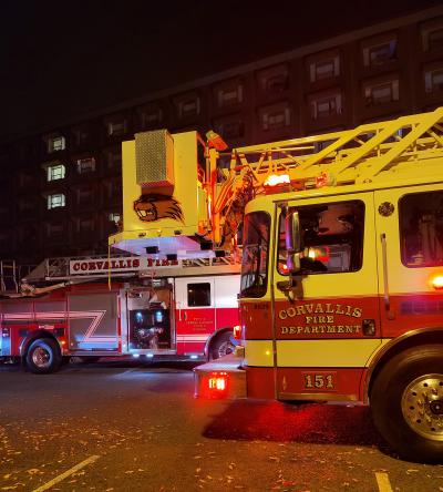 Corvallis Fire engines at Bloss Hall in the middle of the night.