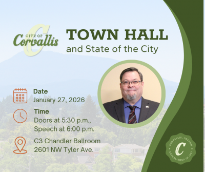 Mayor's Town Hall and STate of the City graphic with a photo of Mayor Charles Maughan and the city skyline in the background