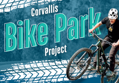 Corvallis Bike Park decorative graphic with a mountain biker on a blue graphic background