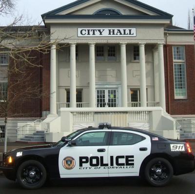 Corvallis police patrol car in front of City Hall