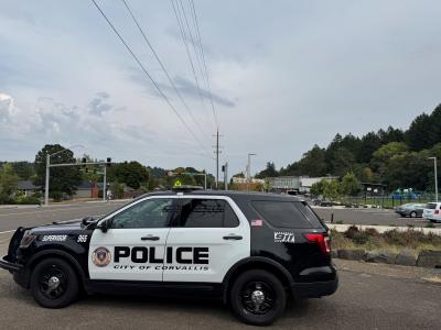 Image of a marked patrol car in front of a school