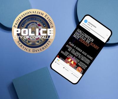 CPD Logo with a cell phone showing a safety message about Halloween