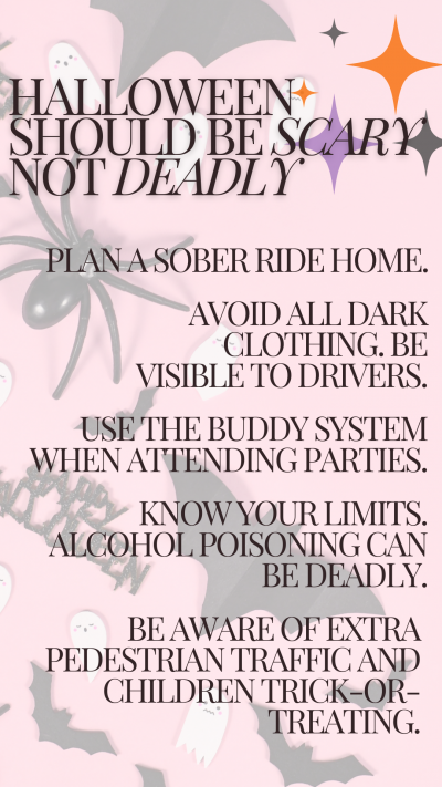 Pink halloween background behind safety tips for Halloween.