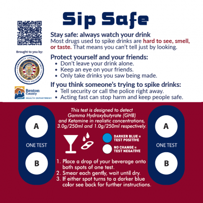 Image of a coaster with drink safety tips, including spots to test drinks for drugs