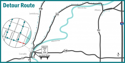 Map of downtown Corvallis showing a close-up of the bridge detour.