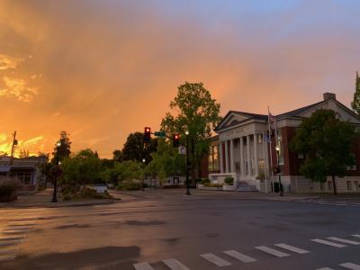 City Hall with orange sunset behind