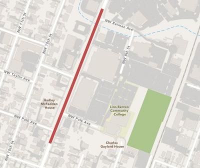 Overhead map of Corvallis with a red line denoting the road construction area