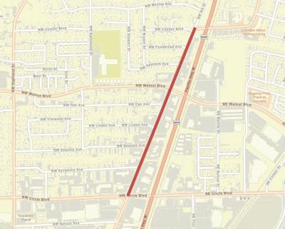 Red line on a map of 9th Street in Corvallis