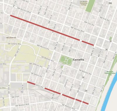 Map of Van Buren and Washington Avenues in downtown Corvallis