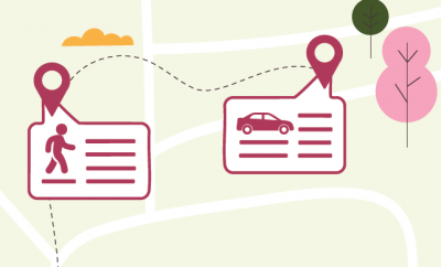Pink and yellow map showing pinpoints and icons of pedestrians and trees