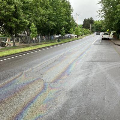 Fuel sheen on wet roadway surface on Satinwood Drive in Corvallis