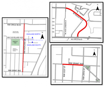 3 Maps: construction area for Highland Dr (Grant to Clevland), Grant Ave (29th to 31st), & Walnut Blvd (Circle to Jack London)