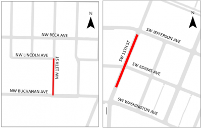 Construction Area Maps. Left-13th St from Buchanan to Lincoln. Right-11th St from Jefferson to Washington