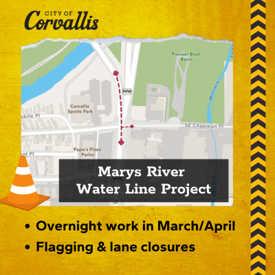A map of Corvallis just south of the Marys River, with a red line showing the location of the new water line.