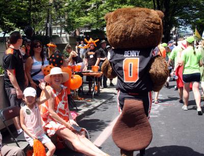 Benny the Beaver greeting fans on game day
