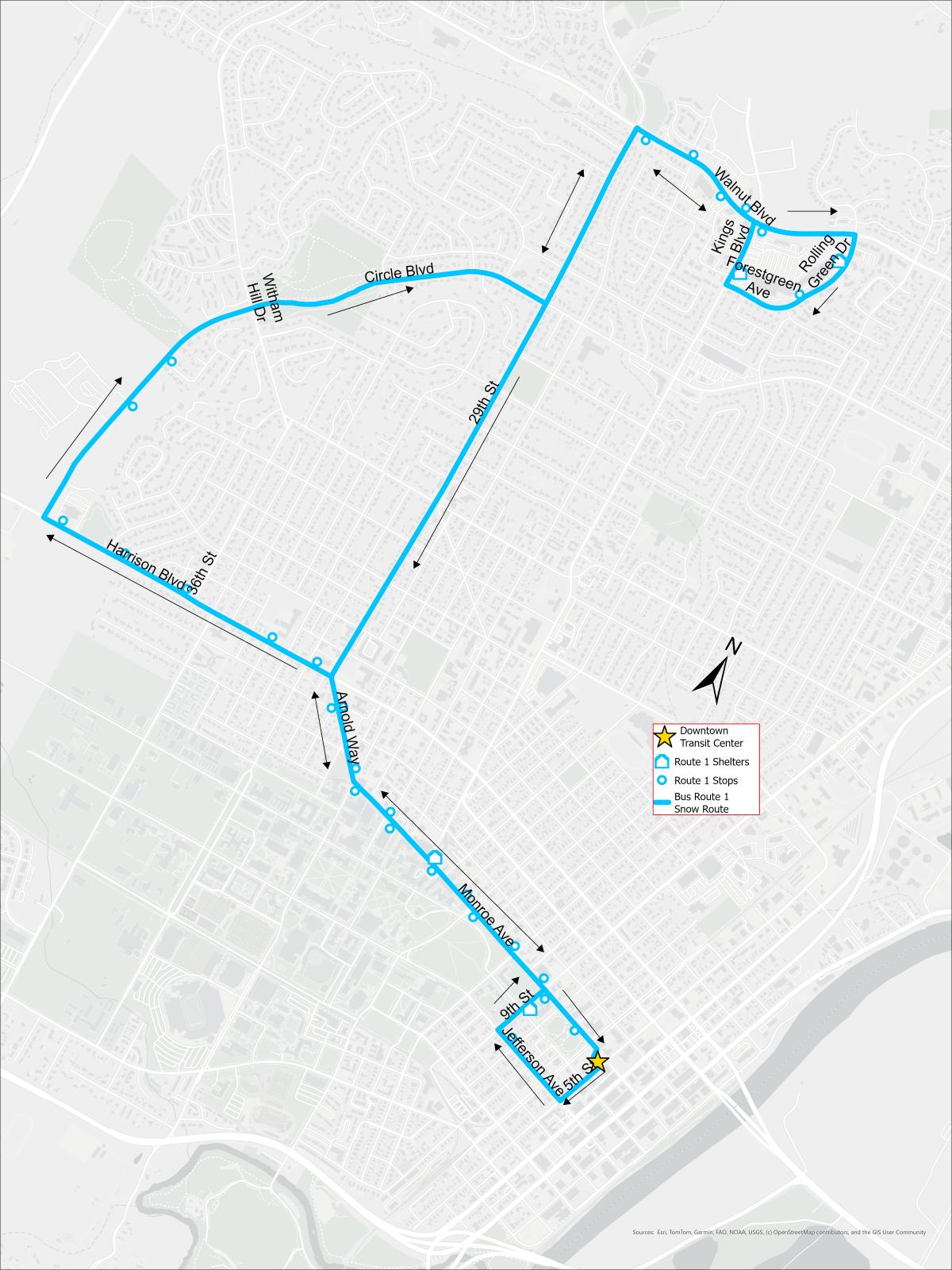 Map showing Corvallis Transit Service Route 1 Inclement Weather Route