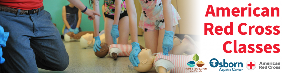 Pediatric CPR class at Osborn Aquatic Center, text reads "American Red Cross Classes"