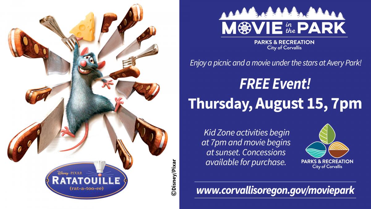 Movie in the Park is Thursday, August 15th—activities at 7pm, movie at sunset
