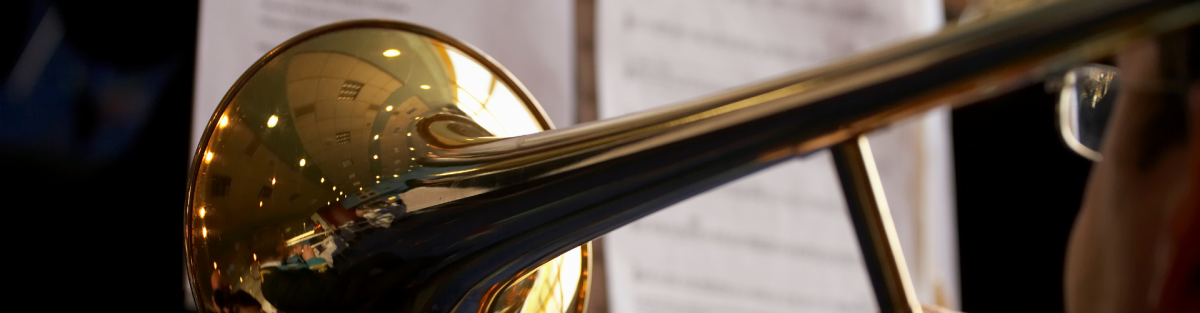 trombone closeup and music on a stand in the park
