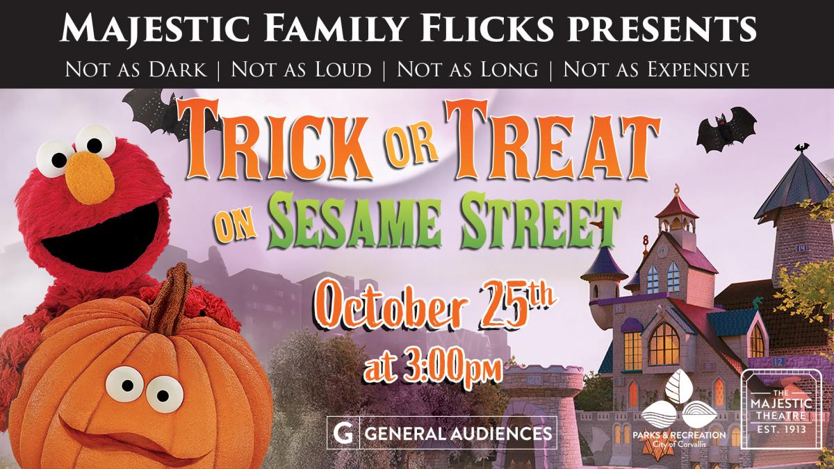 The event poster depicting Elmo and a Jack o Lantern in front of the Count's castle.